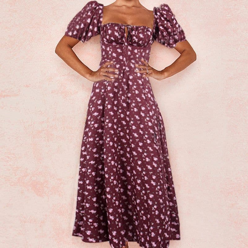 image-Women's Floral Midi Dress - Puff Sleeves Lace-Up