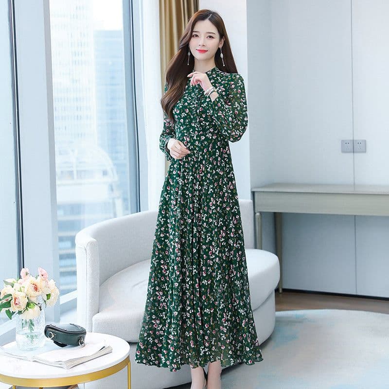image-Floral Green Chiffon Dress - Big Swing Long Skirt 4XL Elegant