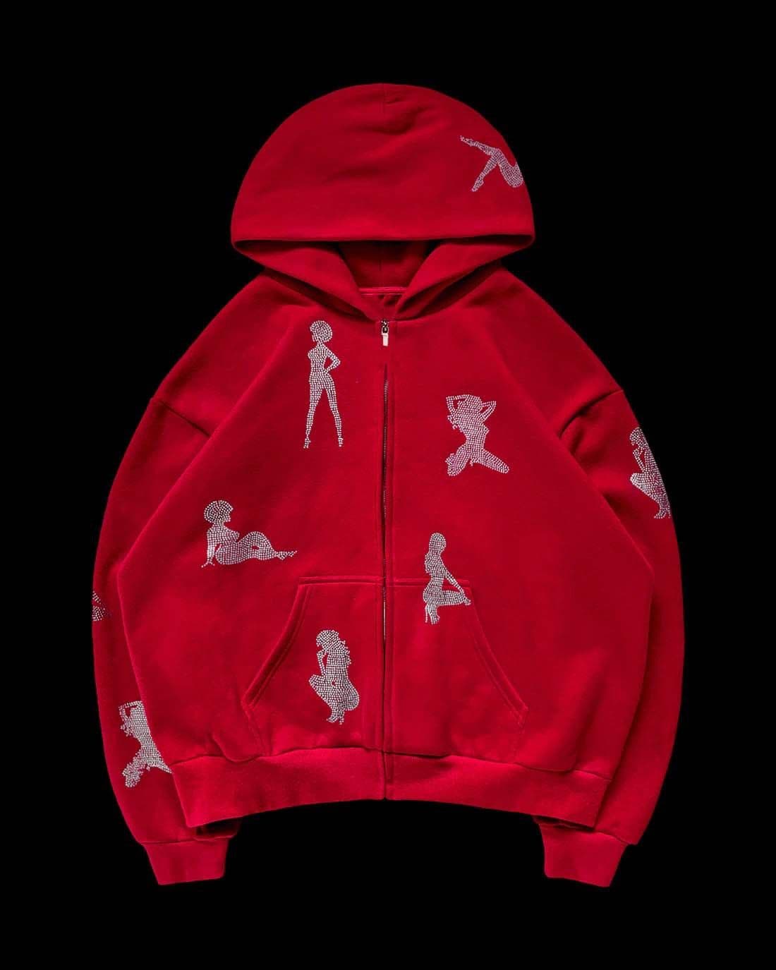 image-Rhinestone Print Hoodie Cardigan Zip Coat Unisex Loose Sweater Europe America
