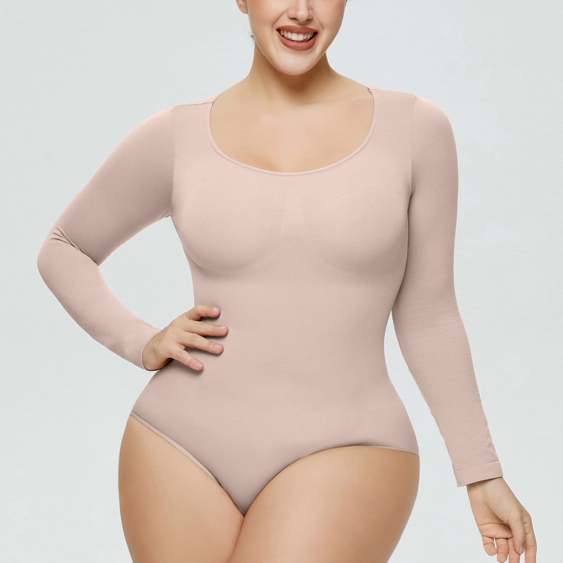 image-Women's Seamless Shapewear Bodysuit - White Long Sleeve