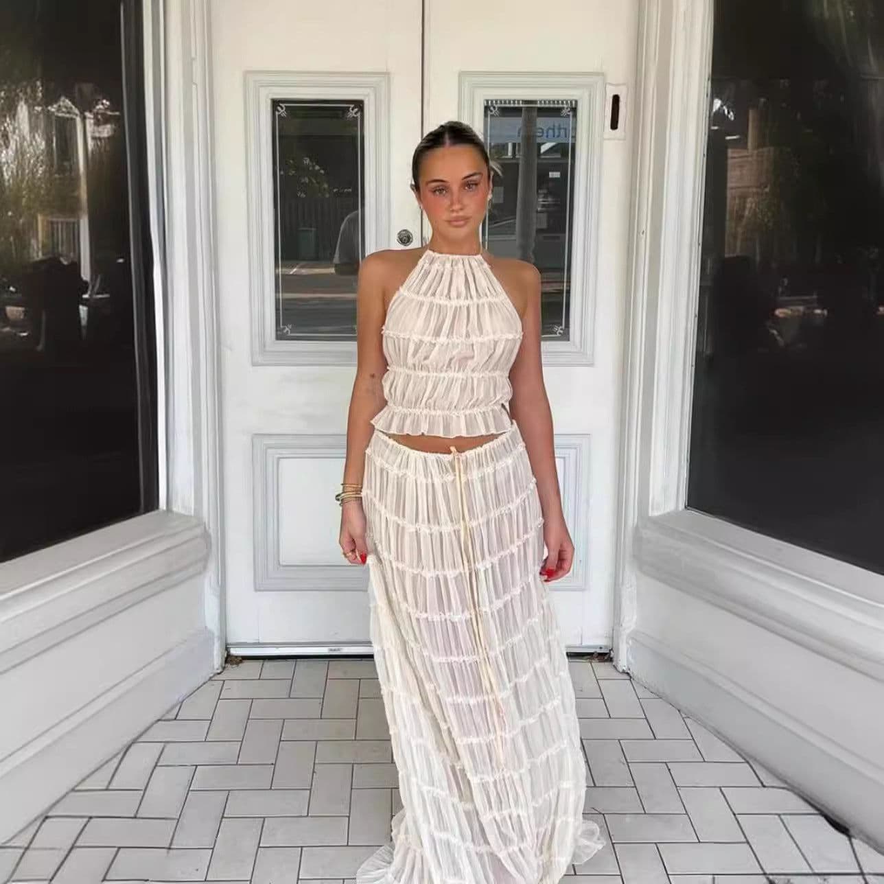 image-2024 summer new European and American cross-border sexy backless halter neck foreign trade pleated lace vest long skirt suit