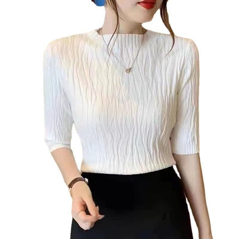 image-Women's 2023 Summer Slim Short Top Blue Cotton Shirt