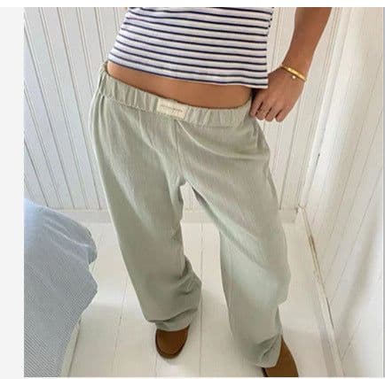 image-Women's Striped Wide-leg Trousers - Light Blue Casual