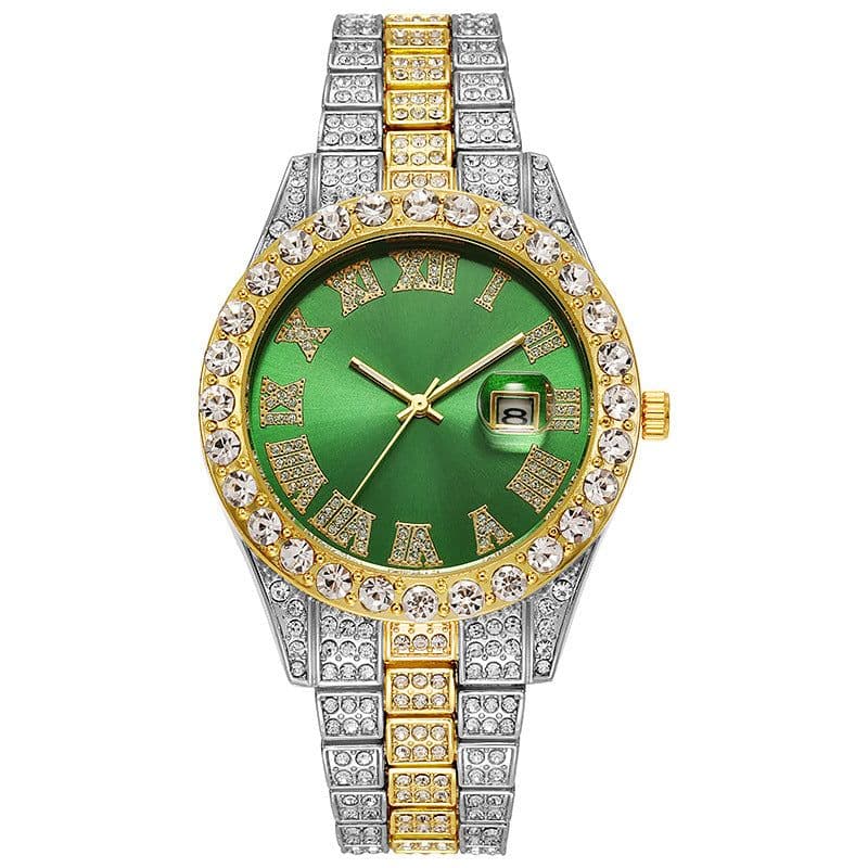image-Hiphop watch European and American hot style men's steel belt hip-hop Roman scale diamond calendar men's quartz watch