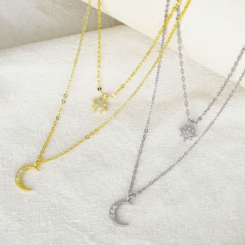 image-Qibao S925 Silver Star Moon Necklace for Women - 41-50cm