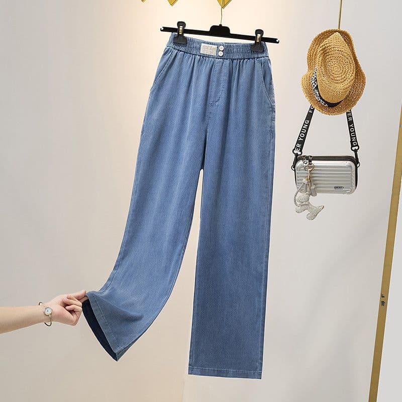 image-Large Size Blue Tencel Jeans - 2023 Korean Fashion High Waist Wide Leg
