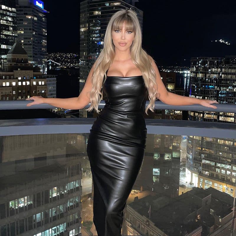 image-European Women's Leather Suspender Dress Skirt