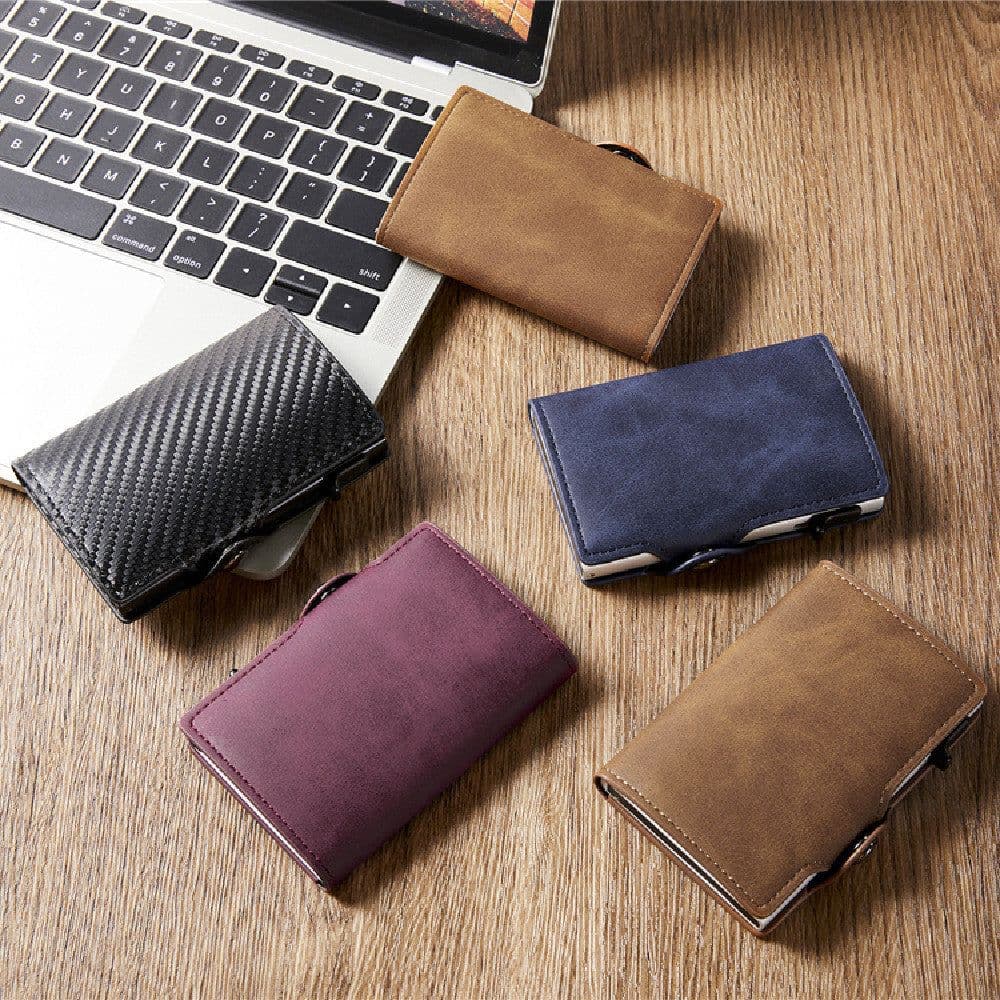 image-Manufacturer wholesale RFID anti-theft brush aluminum alloy side push test card bag Amazon men's retro PU leather wallet customization