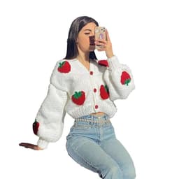 image-European and American style 2021 autumn and winter new women's fashion design single-breasted V-neck knitted cardigan strawberry long-sleeved sweater