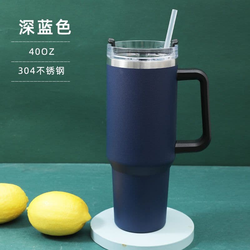 image-Qihao 40oz Stainless Steel Vacuum Insulated Car Cup - Dark Blue, 30oz Capacity