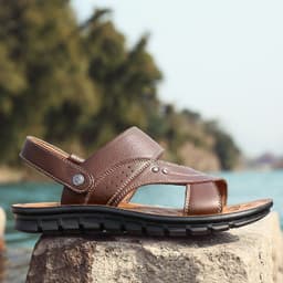 image-Men's Leather Sandals - Yellow Brown Size 46