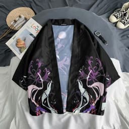 image-A generation of Japanese ukiyo-e Taoist robe sea wave carp kimono male and female couple three-quarter sleeve shirt wholesale