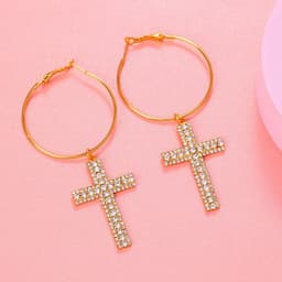 image-Rhinestone Cross Hoop Earrings - Silver Alloy
