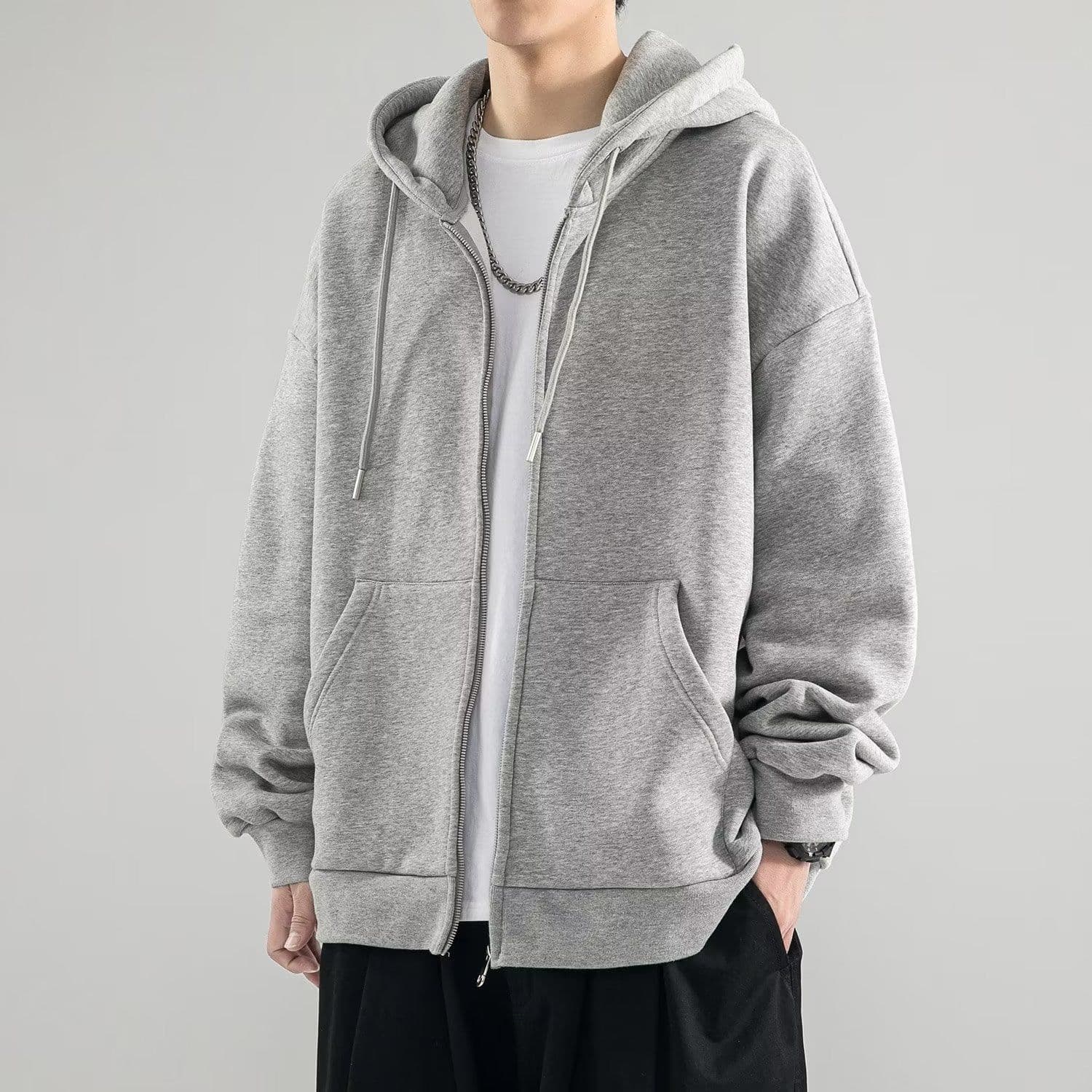 image-Men's Hooded Cardigan Sweatshirt - Dark Gray, 5XL, Loose Fit