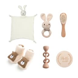 image-Newborn Infant Bath Towel Rattle Gift Set - Wooden Crochet Rattle