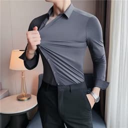 image-Men's Long Sleeve Shirt - Dark Gray Cotton Slim Fit