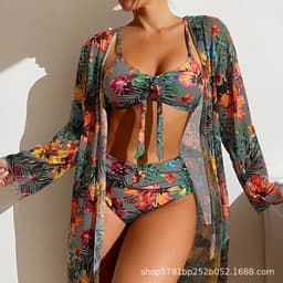 image-Women's 3-Piece Bikini Set - Green Long Sleeve Cover-Up