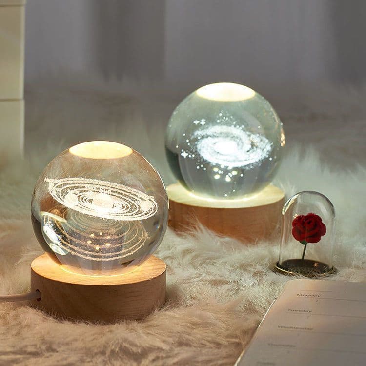 image-3D laser engraved crystal ball ornaments solar system rain cloud milky way moon earth Saturn Jupiter glowing base