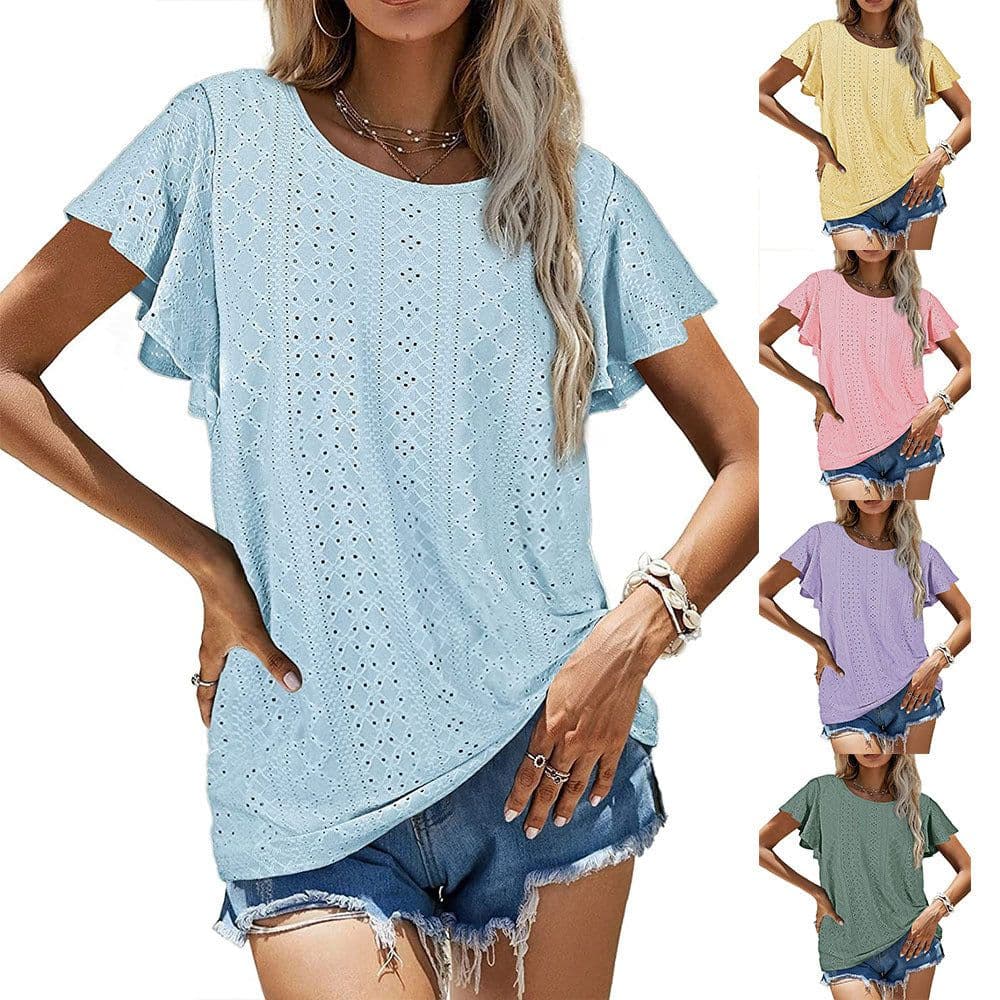 image-Women's Ruffled Sleeve T-Shirt - Sky Blue Hollow Out