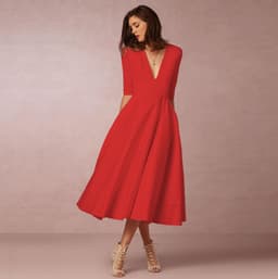image-Women's Midi Dress - Rose Red V-Neck Swing Dress