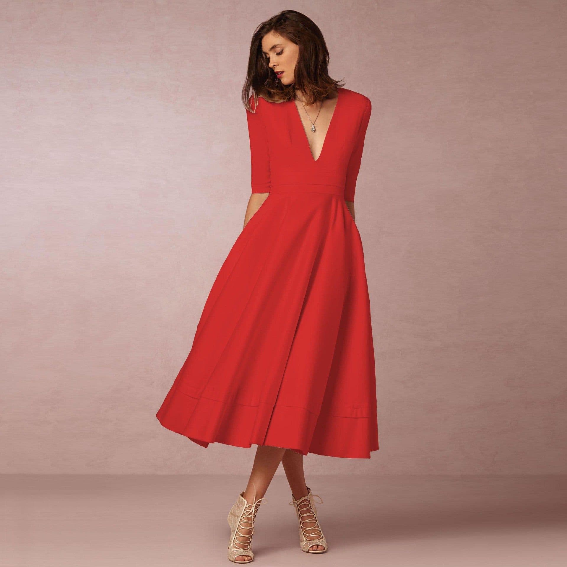 image-Women's Midi Dress - Rose Red V-Neck Swing Dress