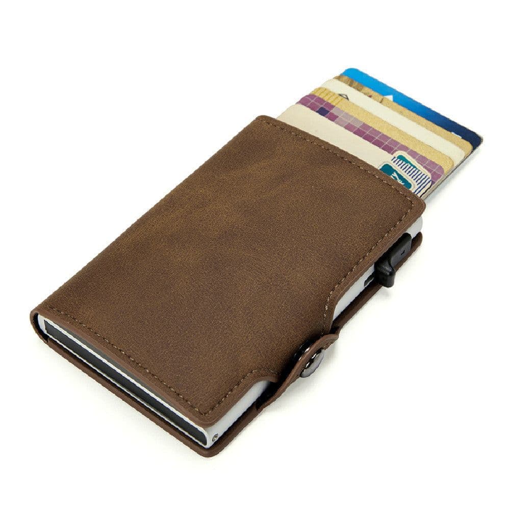 image-Manufacturer wholesale RFID anti-theft brush aluminum alloy side push test card bag Amazon men's retro PU leather wallet customization