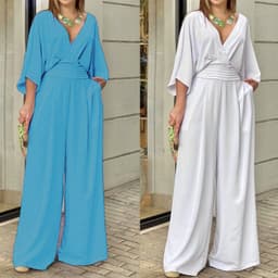 image-Women's V-Neck Jumpsuit - Loose Fit High Waist Polyester