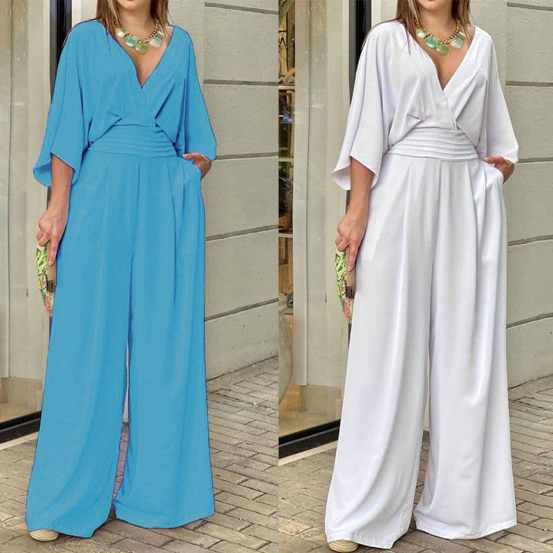image-Women's V-Neck Jumpsuit - Loose Fit High Waist Polyester