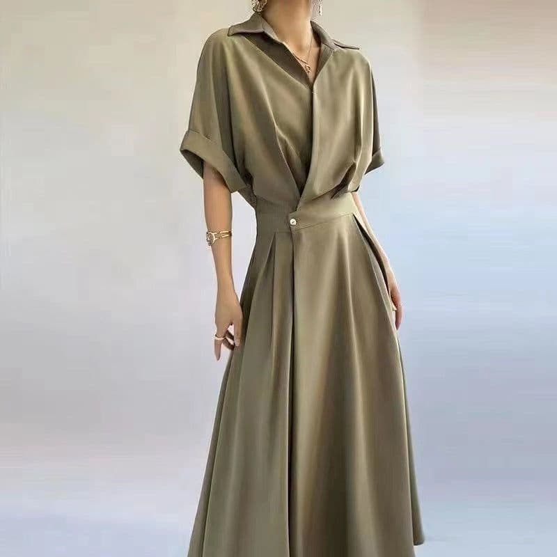 image-Polyester Midi Dress - Orange Long Sleeve POLO Collar
