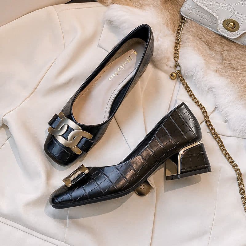 image-Square Toe Chunky Heel Shoes - Ivory White Size 43
