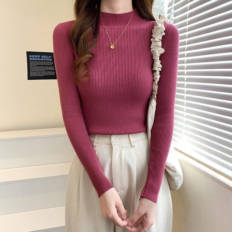 image-Women's Half Turtleneck Sweater Long Sleeve Slim Fuchsia