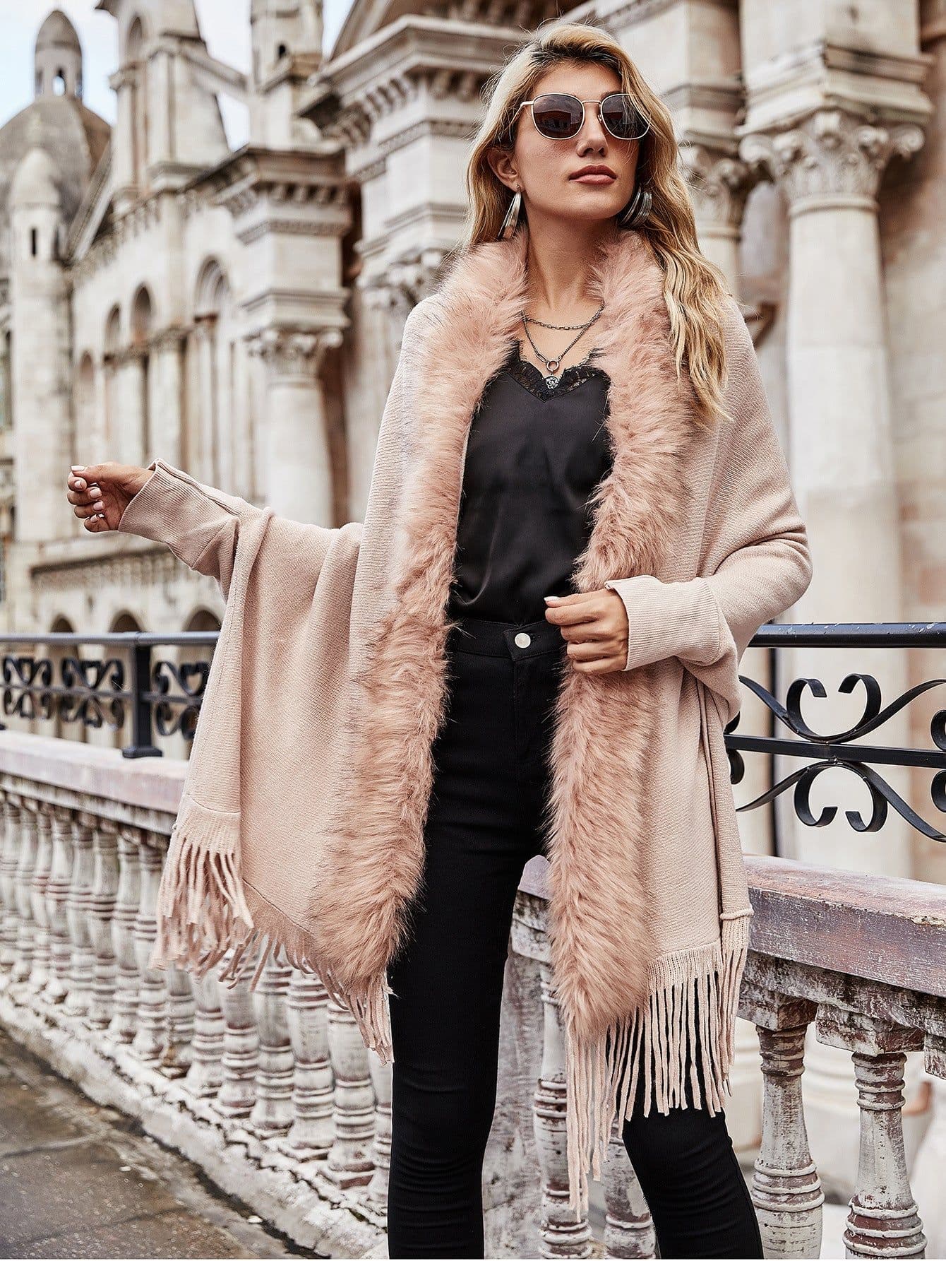 image-Dark Blue Cardigan Sweater Women Fur Collar