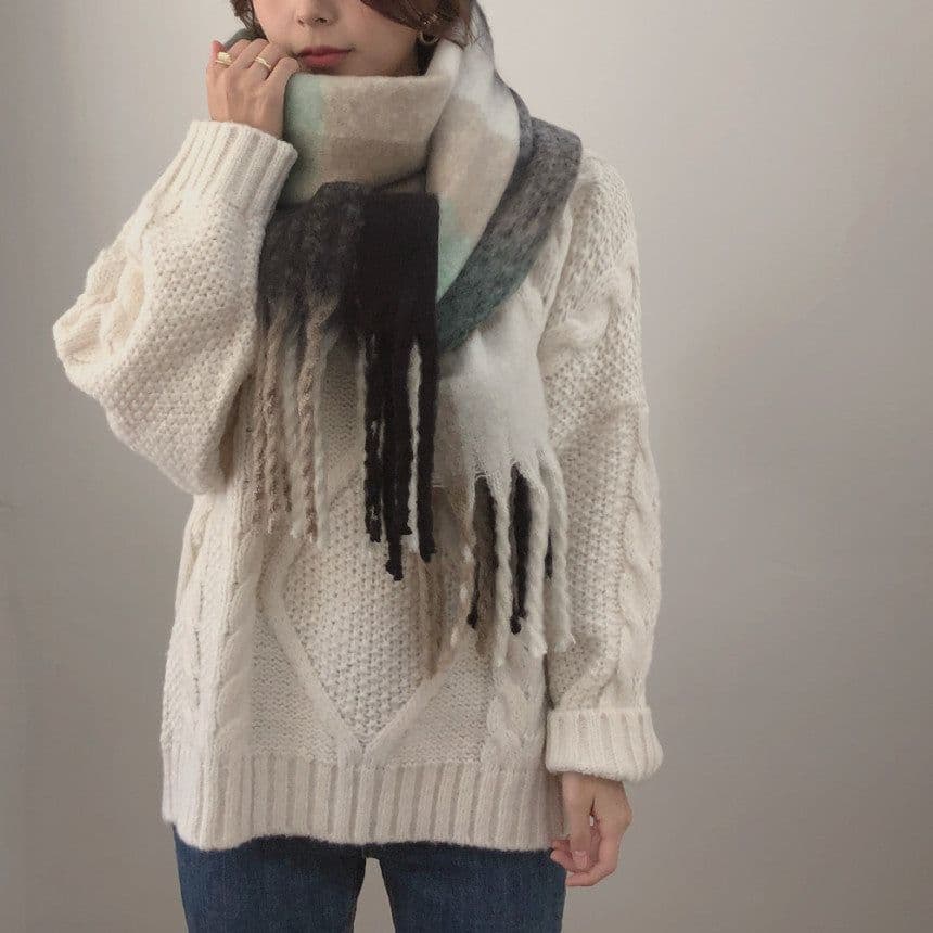 image-Plaid Knit Scarf - Blue Rose White 240x35cm Warm