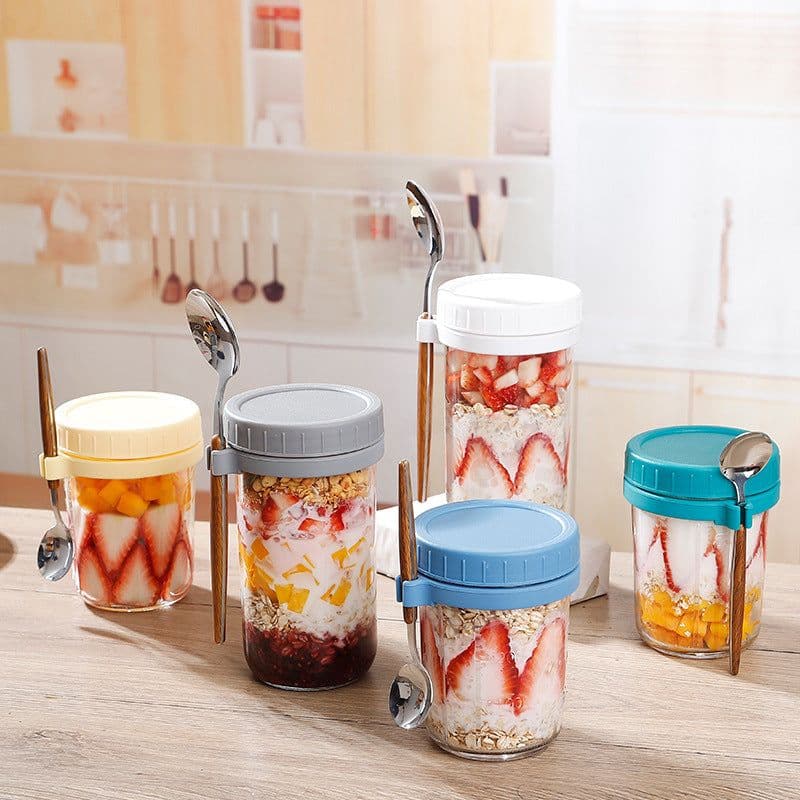 image-Oatmeal Cup Overnight Oatmeal Cup Breakfast Cup with Spoon Lid Mason Cup Glass Salad Jar Yogurt Cup