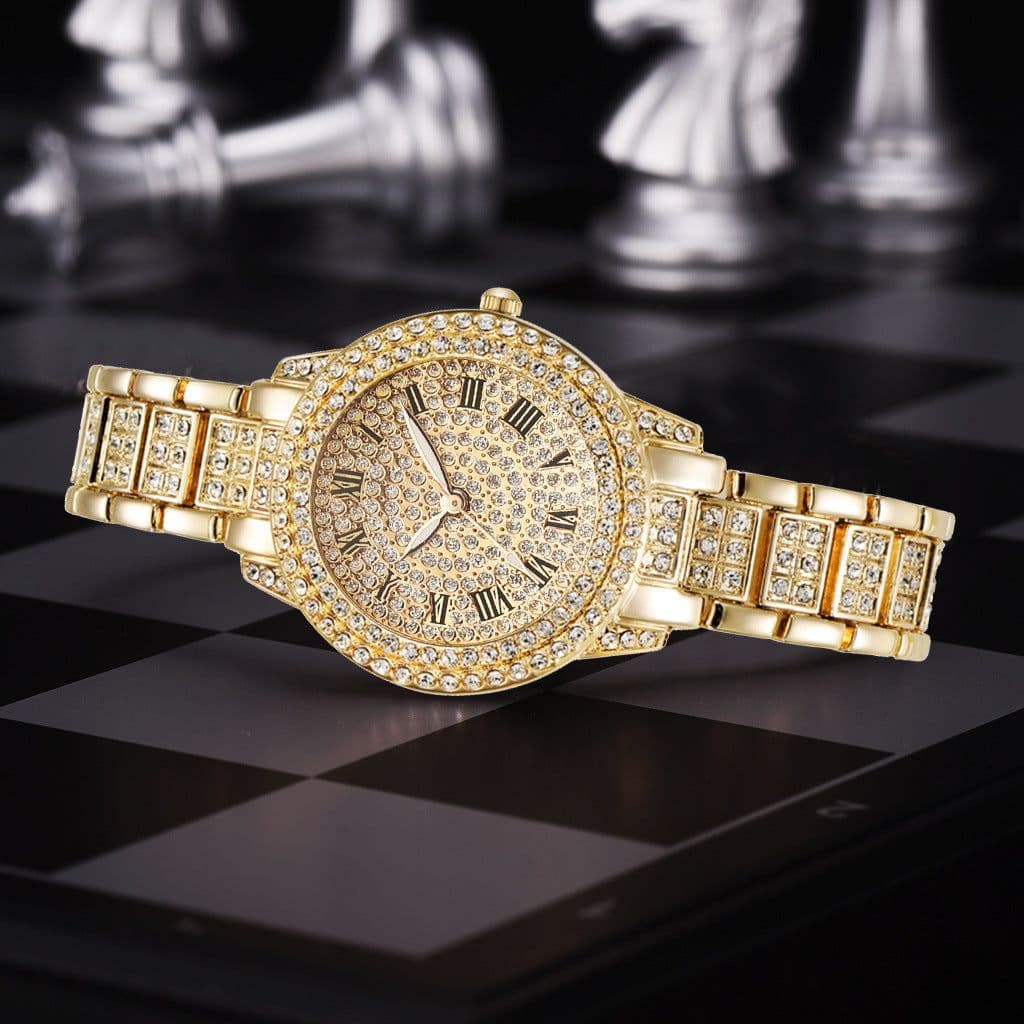 image-Roman Steel Belt Watch Full Diamonds Starry Quartz Hip-Hop Style (64 characters)