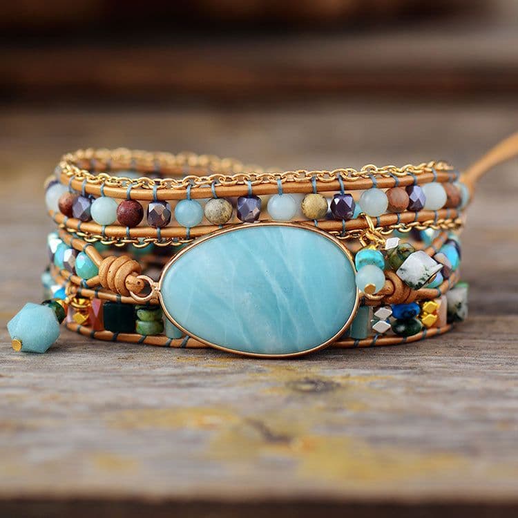 image-Natural Amazonite Hand-Woven Leather Bracelet