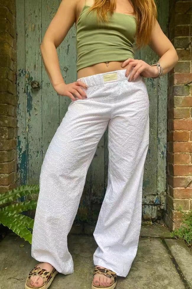 image-Women's Cotton Wide Leg Trousers - Sky Blue Elastic Waist