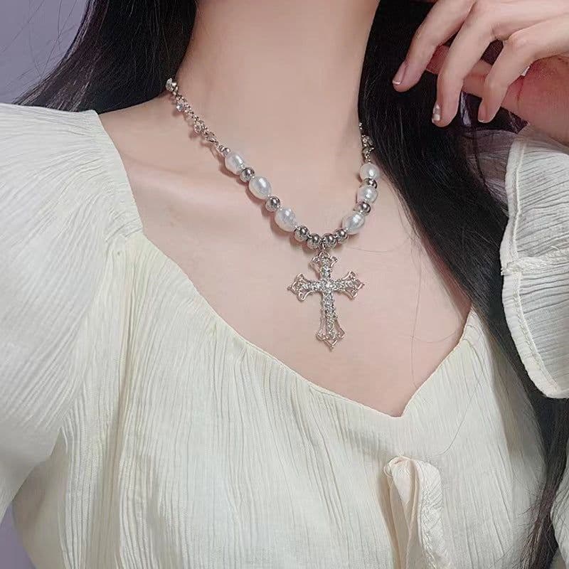 image-Necklace Cross Pearl Pendant Unisex Vintage