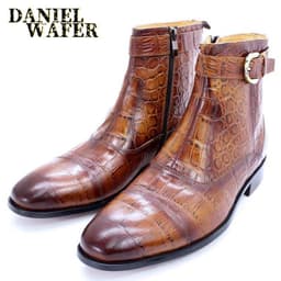 image-Men's Leather Martin Boots - Brown Crocodile