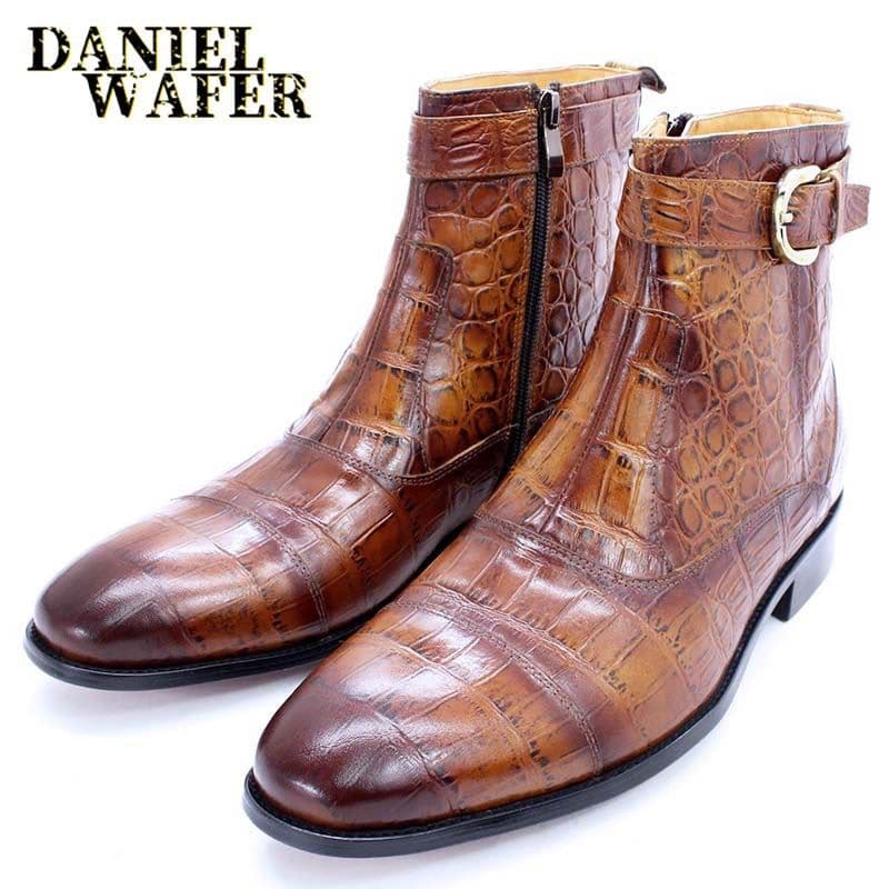 image-Men's Leather Martin Boots - Brown Crocodile