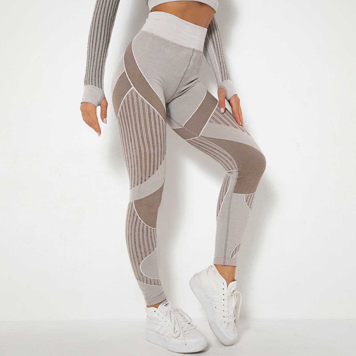 image-Spot goods! European and American cross-border seamless knitted sexy striped moisture-wicking yoga pants sports running fitness pants women
