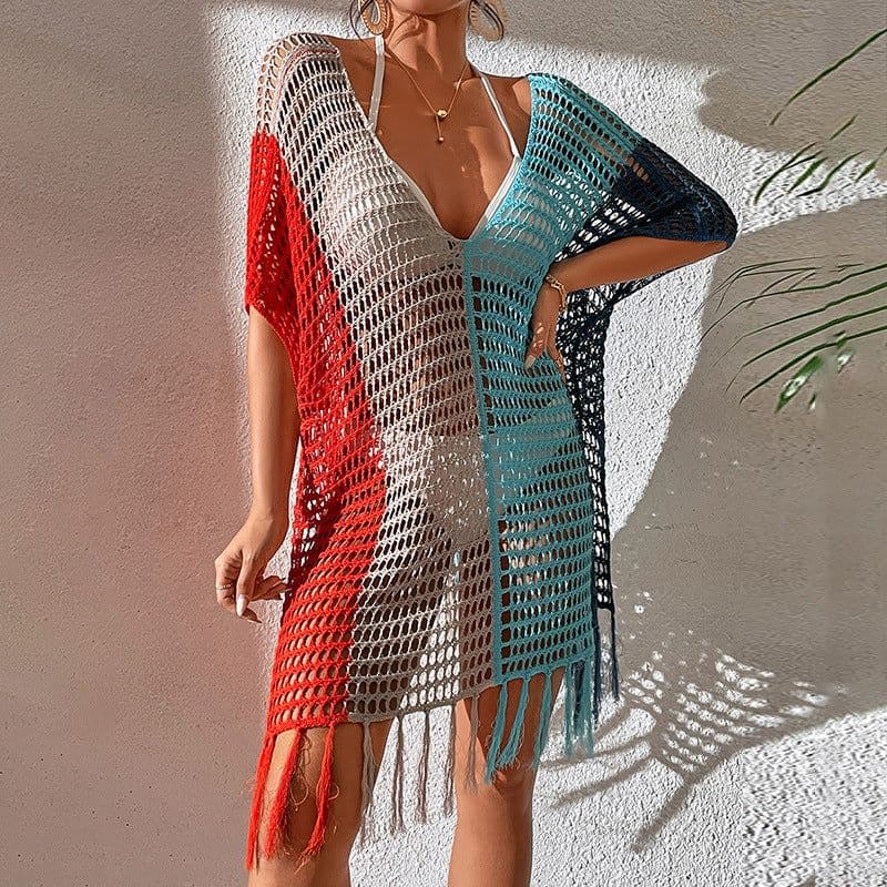 image-Women's Rainbow Hollow Bikini Blouse - Beach Cover Up