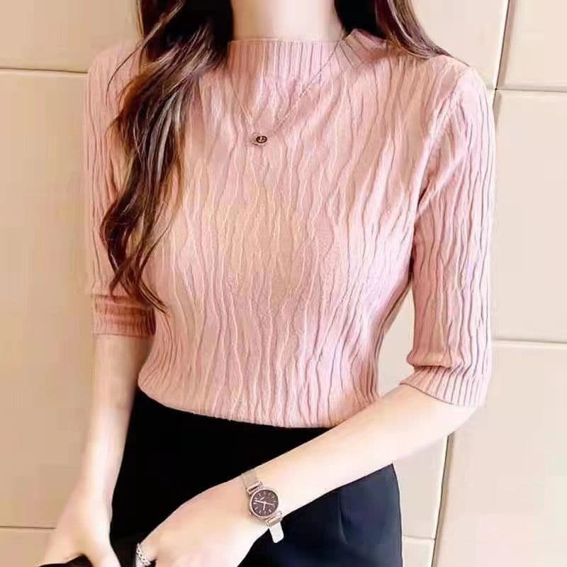image-Women's 2023 Summer Slim Short Top Blue Cotton Shirt