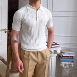 image-Polo Shirt Men's Five-Quarter Sleeves White Striped