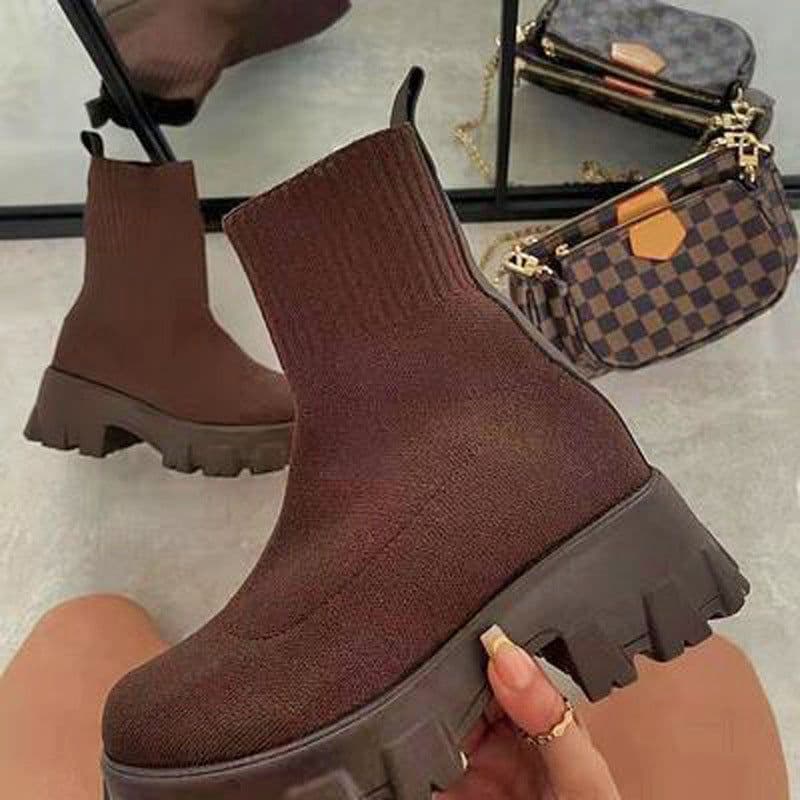 image-Women's Knit Martin Boots - Black Red High Top