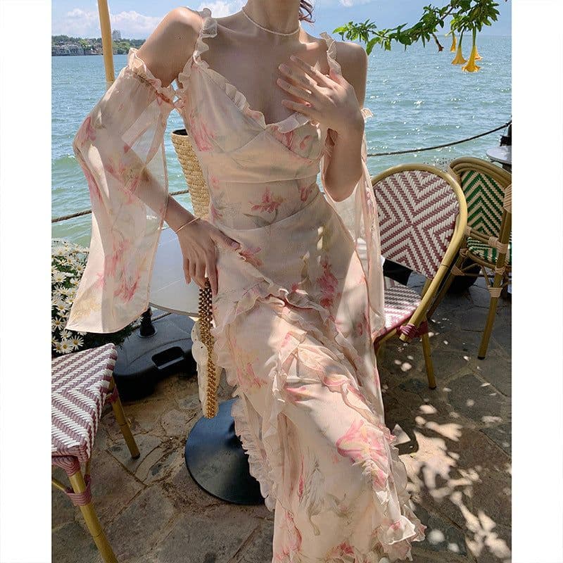image-Floral Polyester Dress - Women's High Waist Midi V-Neck