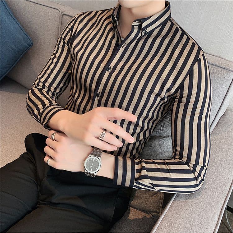 image-Long-sleeved striped shirt for men, business casual, iron-free work clothes, classic coarse-grained shirt, men's trendy light luxury texture