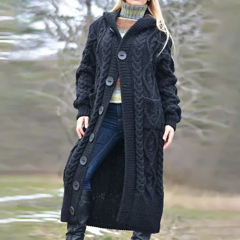 image-Brown Womens Loose Knit Cardigan Coat Midlength With Pockets
