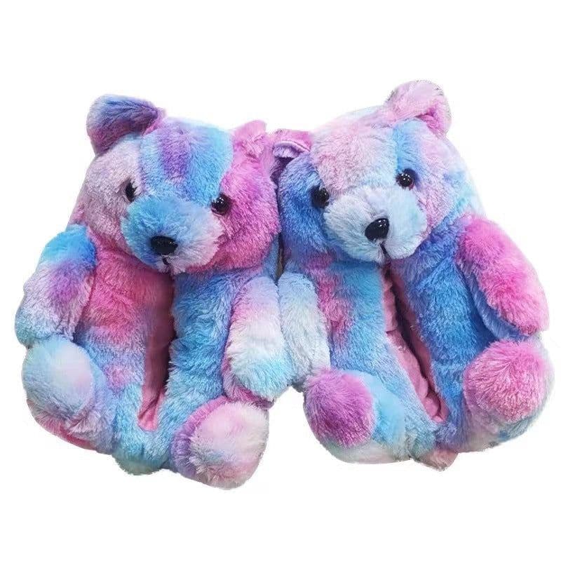 image-Cartoon Bear Plush Slippers - Large, South Korean Velvet, Dark Teddy Bear Shoes