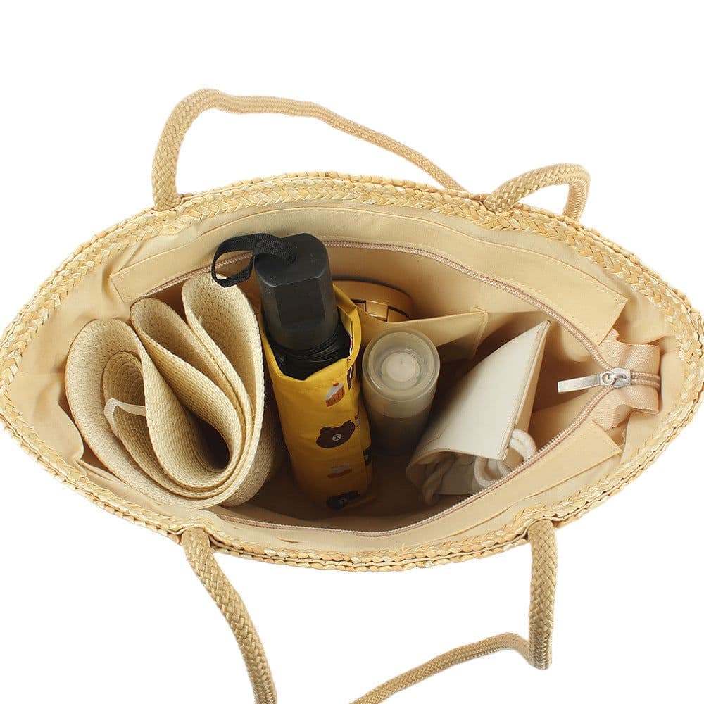 image-Straw Shoulder Bag Women - White Bucket Woven